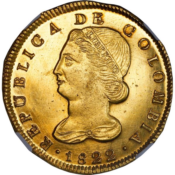 COLOMBIA, Popayán, gold 8 escudos, 1822 FM, rare, NGC MS 61, ex-Sedwick.