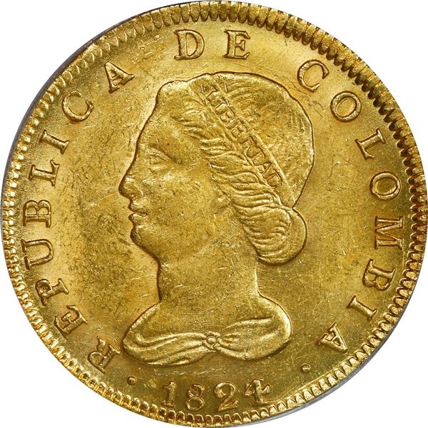 COLOMBIA, Bogotá, gold 8 escudos, 1824/3 JF, PCGS MS61, finest known in PCGS census.