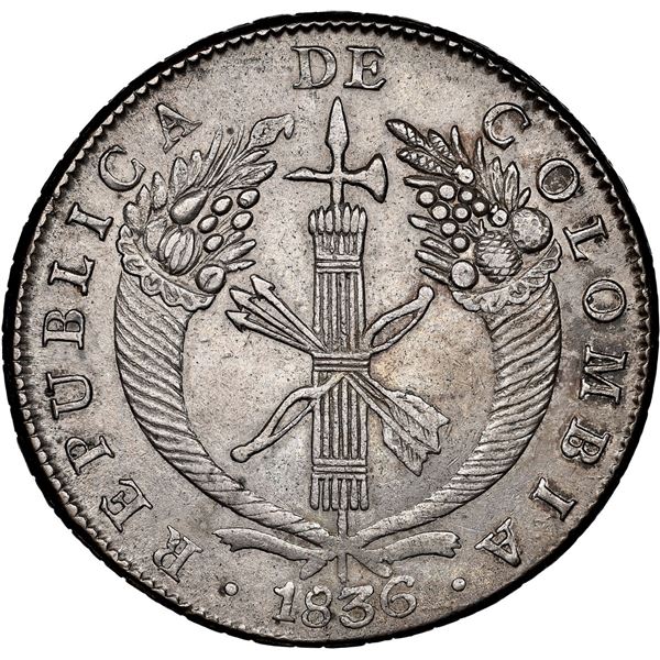 COLOMBIA, Bogotá, 8 reales, 1836 RS, NGC AU 58, ex-Toulemonde, ex-Medina.