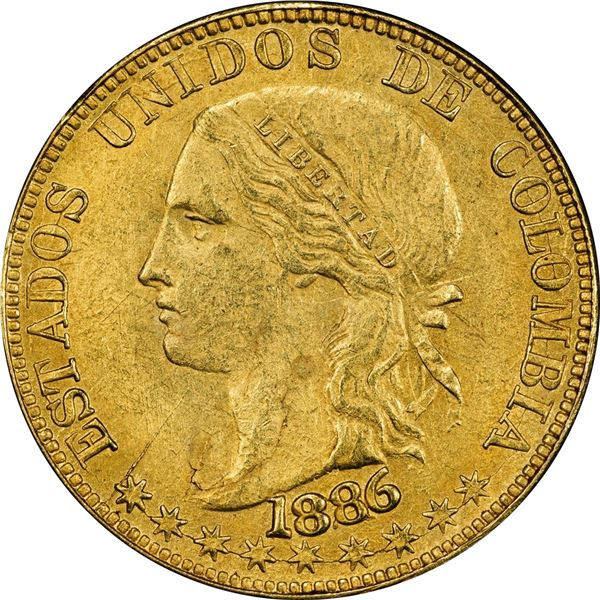 COLOMBIA, Medellín, gold 10 pesos, 1886/74, fineness 0,666 / 0,900, extremely rare, PCGS AU55, fines