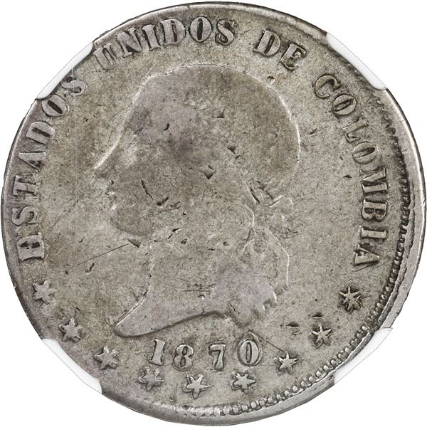 COLOMBIA, Popayán, 5 décimos, 1870, rare, NGC F 15.