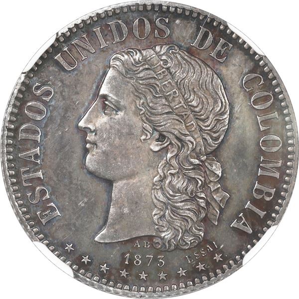 COLOMBIA, Medellín, proof essai 2 décimos, 1873, AB below bust (Albert Barré), extremely rare, NGC P