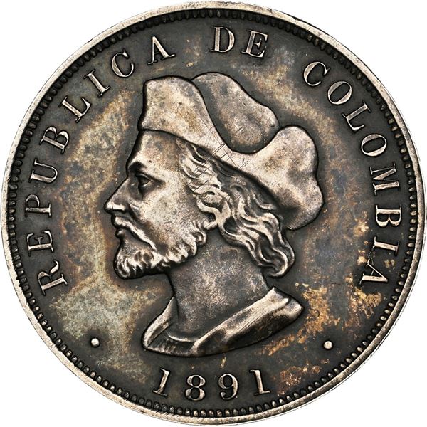 COLOMBIA, specimen pattern 50 centavos, 1891, Colombus, lettered edge, unique(?), NGC AU 53, finest 