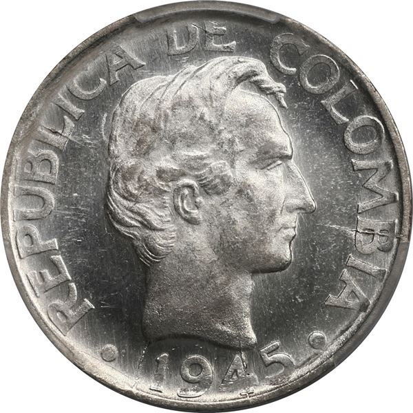 COLOMBIA, Bogotá, proof pattern 20 centavos in .900 silver, 1945-B, rare, PCGS MS65.