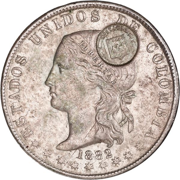 COSTA RICA, 50 centavos, arms/lion double countermark (Type VII, 1889) on a Medellín, Colombia, 5 dé