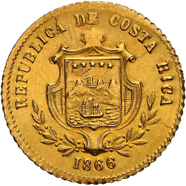 COSTA RICA, San José, gold 1 peso, 1866 GW, large UN, NGC UNC details / cleaned.
