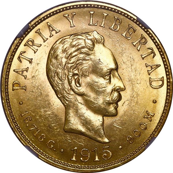 CUBA, struck at the Philadelphia mint, gold 10 pesos, 1915, José Martí, NGC MS 61.
