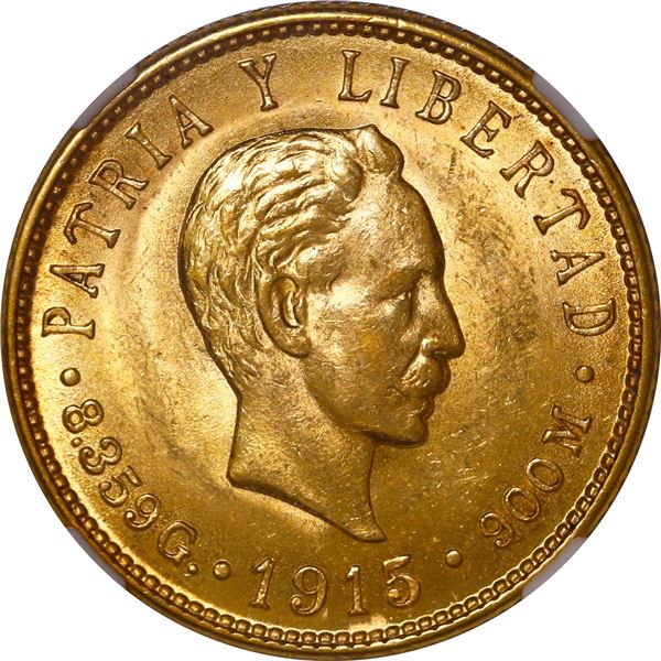 CUBA, struck at the Philadelphia mint, gold 5 pesos, 1915, José Martí, NGC MS 63.