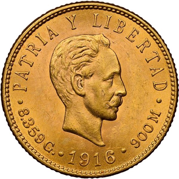 CUBA, struck at the Philadelphia mint, gold 5 pesos, 1916, José Martí, NGC MS 61.