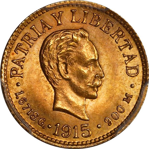 CUBA, struck at the Philadelphia mint, gold 1 peso, 1915, José Martí, PCGS MS65.