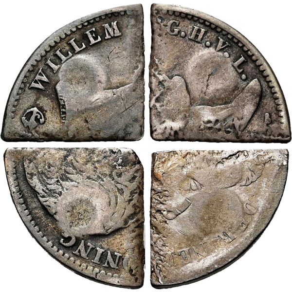 CURAÇAO, Dutch administration, matching set of four 25 cents (¼ gulden) cut from Netherlands 1 gulde