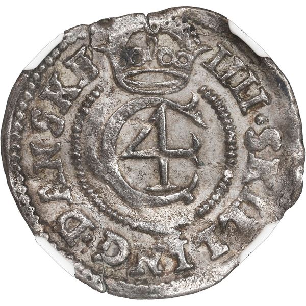 DENMARK, Copenhagen Mint, 4 skilling, Christian IV, 1645, "Jehovah," NGC AU 53.