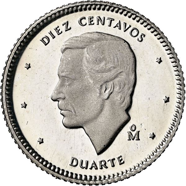 DOMINICAN REPUBLIC, struck at the Mexico City mint, off-metal proof 10 centavos in silver, 1984, Dua
