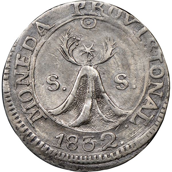 EL SALVADOR, San Salvador, provisional 2 reales, 1832, SALVADORE, NGC XF 45 (Richard Stuart Collecti