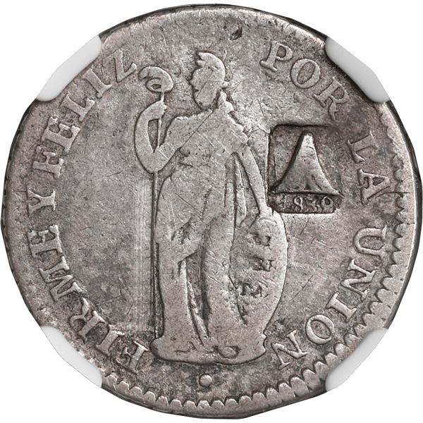 EL SALVADOR, 1 real, 1839 volcano countermark (Type III, 1840) on a Lima, Peru, 1 real, 1828 M, very