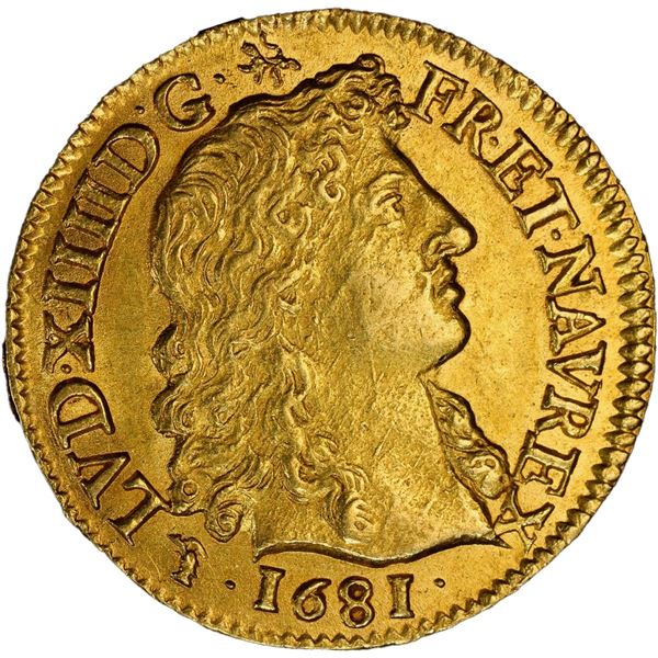 FRANCE, Lyon mint, gold louis d’or à la tête nui, Louis XIV, 1681-D, PCGS MS63, finest know