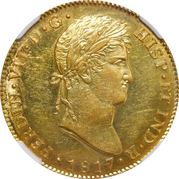GUATEMALA, Guatemala City, gold bust 4 escudos, Ferdinand VII, 1817 M, rare, NGC AU 58 (Richard Stua