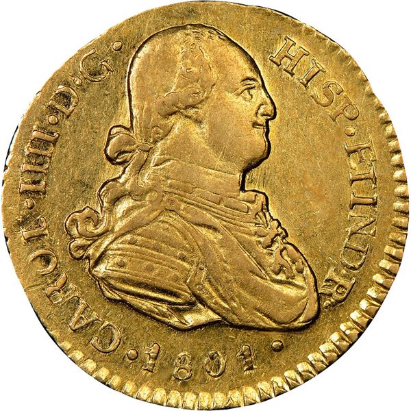 GUATEMALA, Guatemala City, gold bust 1 escudo, Charles IV, 1801 M, very rare, NGC AU 50 (Richard Stu