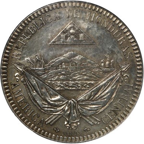 HONDURAS, struck at the Paris Mint, copper-nickel proof pattern essai 1 real, 1869, E below date, ve