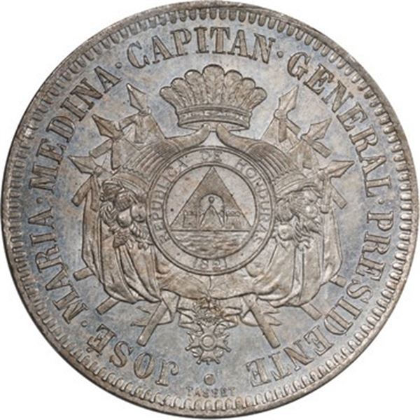 HONDURAS, struck at the Paris Mint, nickel proof pattern 1 real, President Medina, 1870-TASSET, ANAC