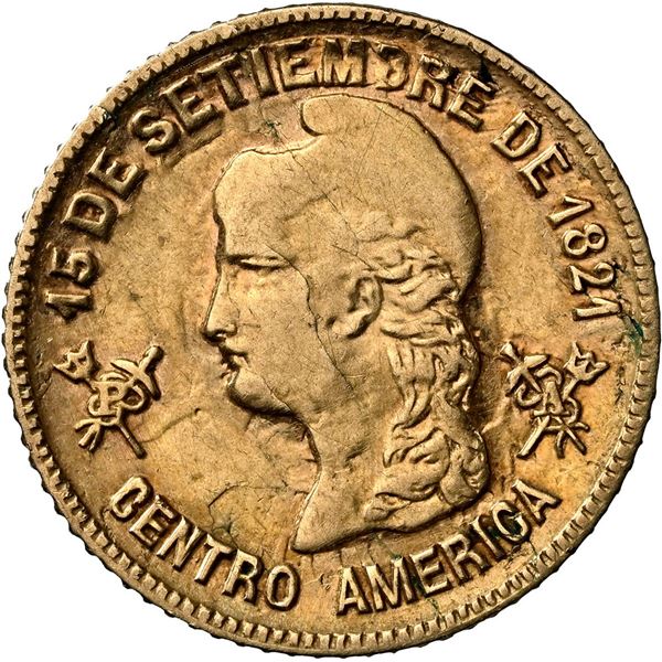 HONDURAS, Tegucigalpa, gold 1 peso, 1871, mule with Liberty head obverse, rare, NGC AU details / cle