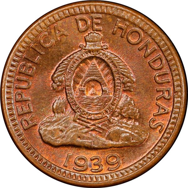 HONDURAS, struck at the Philadelphia Mint, bronze 1 centavo de lempira, 1939, PCGS MS66 Brown, "top 