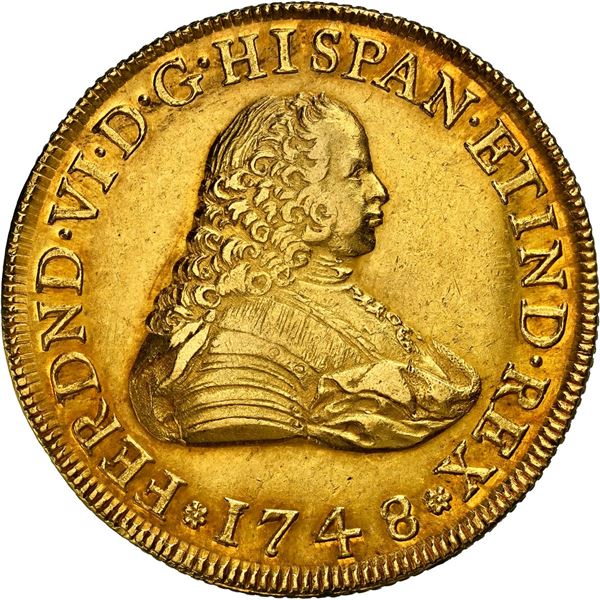 MEXICO, Mexico City, gold bust 8 escudos, Ferdinand VI, 1748 MF, A/E in NOMINA, NGC AU details / rev