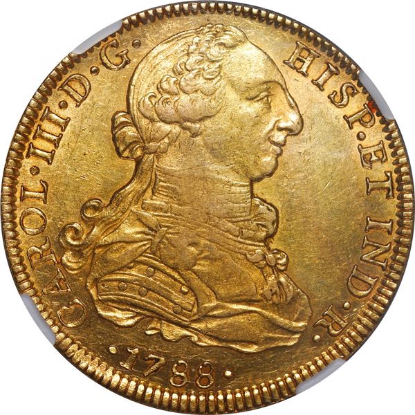MEXICO, Mexico City, gold bust 8 escudos, Charles III, 1788 FM, mintmark and assayer upright, NGC AU
