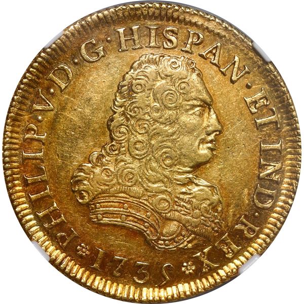 MEXICO, Mexico City, gold bust 4 escudos, Philip V, 1735 MF, rare, NGC AU 58.