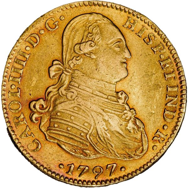 MEXICO, Mexico City, gold bust 4 escudos, Charles IV, 1797 FM, PCGS AU50, finest known in PCGS censu