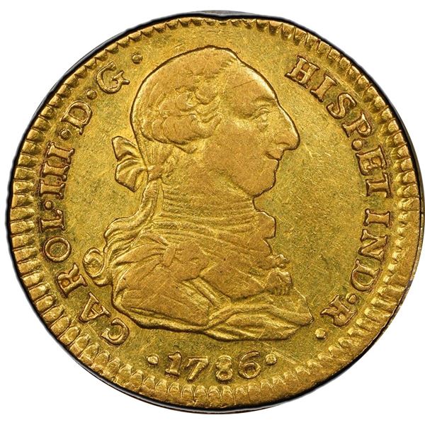 MEXICO, Mexico City, gold bust 2 escudos, Charles III, 1786 FM, PCGS XF45.