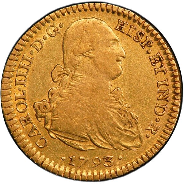 MEXICO, Mexico City, gold bust 2 escudos, Charles IV, 1793/2 FM, PCGS XF40, finest and only example 