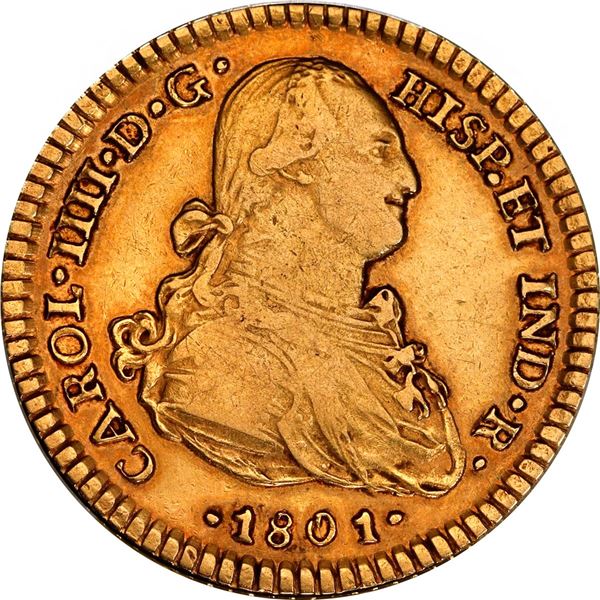 MEXICO, Mexico City, gold bust 2 escudos, Charles IV, 1801 FT, PCGS XF40, finest and only example in