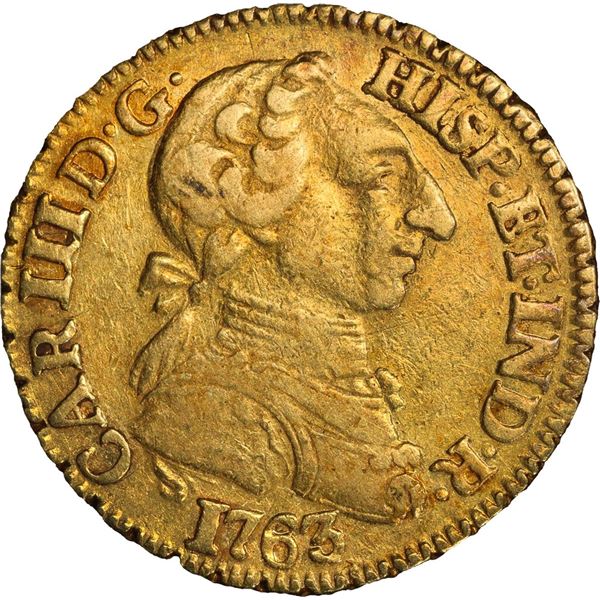 MEXICO, Mexico City, gold bust 1 escudo, Charles III ("rat nose" bust), 1763 MM, rare, PCGS XF40, fi