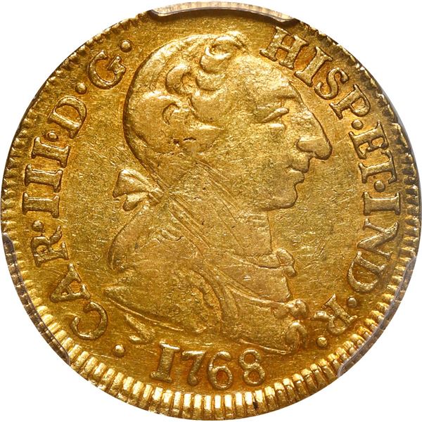 MEXICO, Mexico City, gold bust 1 escudo, Charles III ("rat nose" bust), 1768 MF, rare, PCGS XF45, fi