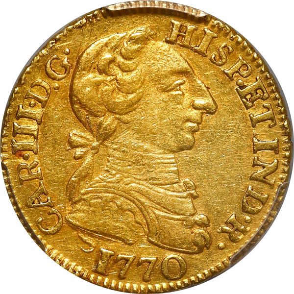 MEXICO, Mexico City, gold bust 1 escudo, Charles III ("rat nose" bust), 1770 MF, rare, PCGS AU50, fi