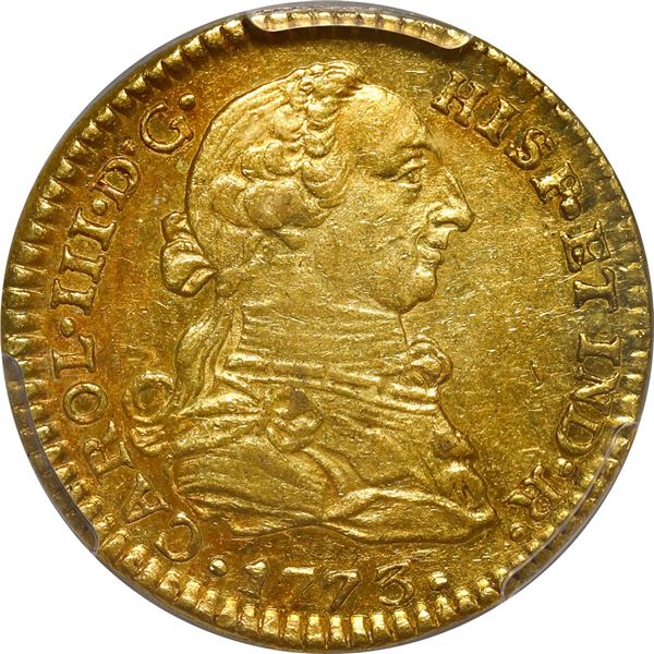 MEXICO, Mexico City, gold bust 1 escudo, Charles III, 1773 FM/MF, rare, PCGS AU58, finest and only e