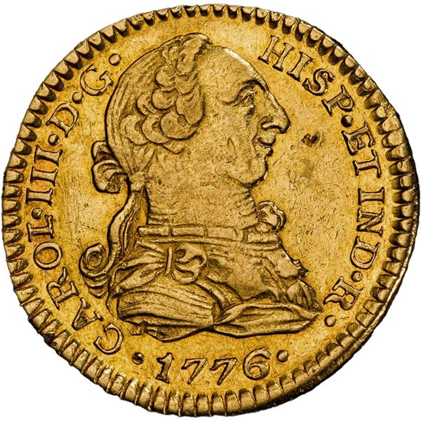 MEXICO, Mexico City, gold bust 1 escudo, Charles III, 1776 FM, inward-facing mintmark and assayer, P
