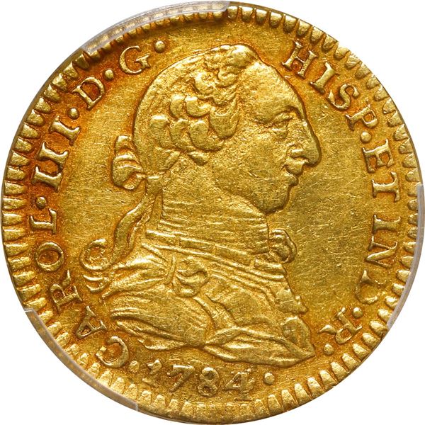 MEXICO, Mexico City, gold bust 1 escudo, Charles III, 1784/3 FM/FF, PCGS AU details / scratch.