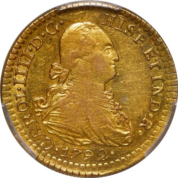 MEXICO, Mexico City, gold bust 1 escudo, Charles IV, 1792 MF, PCGS AU50.