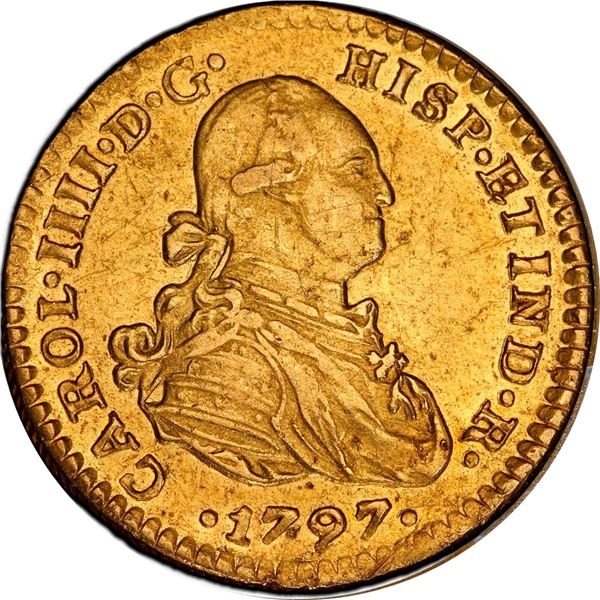 MEXICO, Mexico City, gold bust 1 escudo, Charles IV, 1797 FM, PCGS AU details / cleaned.