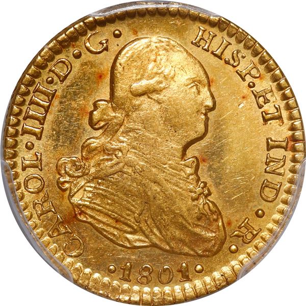MEXICO, Mexico City, gold bust 1 escudo, Charles IV, 1801 FT, PCGS AU58.