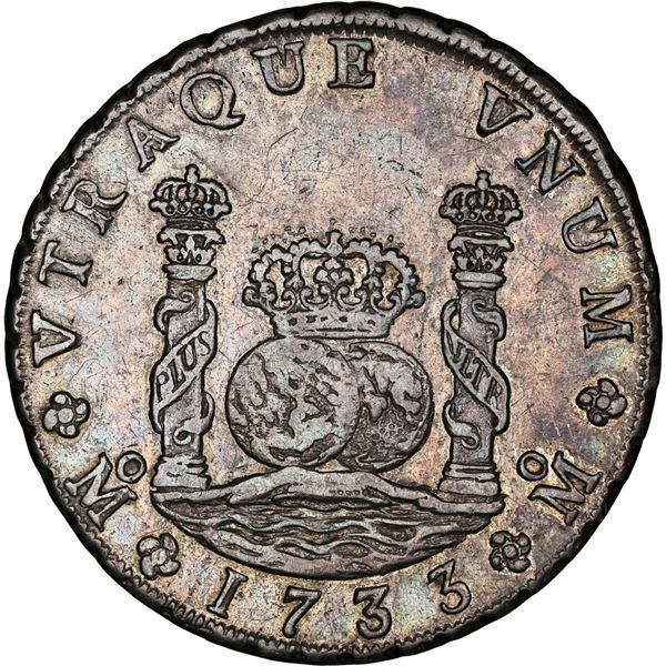 MEXICO, Mexico City, pillar 8 reales, Philip V, 1733 MF, small crown, rare, NGC AU 50.