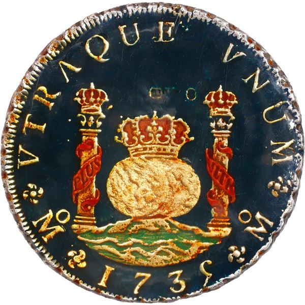 MEXICO, Mexico City, pillar 8 reales, Philip V, 1735 MF, enameled with British hallmarks in the 1800