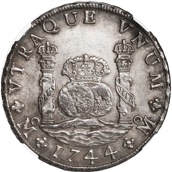 MEXICO, Mexico City, pillar 8 reales, Philip V, 1744 MF, NGC AU 58.