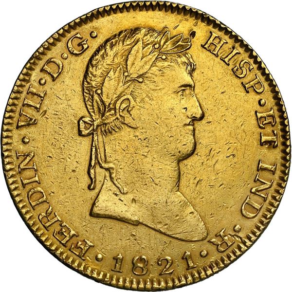 MEXICO, Guadalajara, gold bust 8 escudos, Ferdinand VII, 1821 FS, plain bust, NGC AU details / remov
