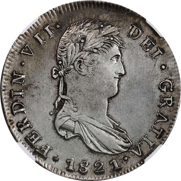 MEXICO, Zacatecas, bust 8 reales, Ferdinand VII, 1821 RG, no stops on reverse, very rare, NGC XF det
