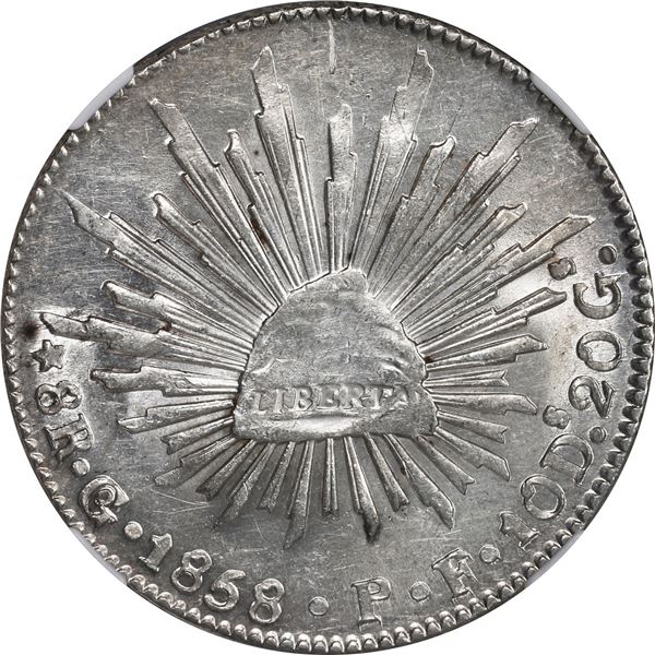 MEXICO, Guanajuato, cap-and-rays 8 reales, 1858 PF, NGC AU 58.