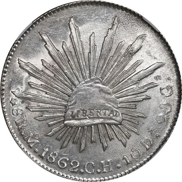 MEXICO, Mexico City, cap-and-rays 8 reales, 1862 CH, NGC MS 62.