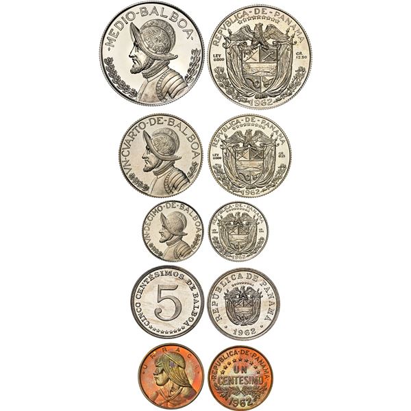 PANAMA, proof set of five denominations (1c, 5c; 1/10, ¼, ½ balboa), 1962, very rare, NGC-graded, al